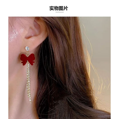 Flocking Bow Rhinestone Alloy Threader Earring