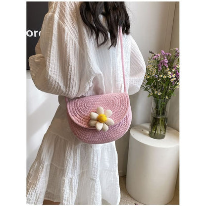 Floral Accent Woven Saddle Crossbody Bag