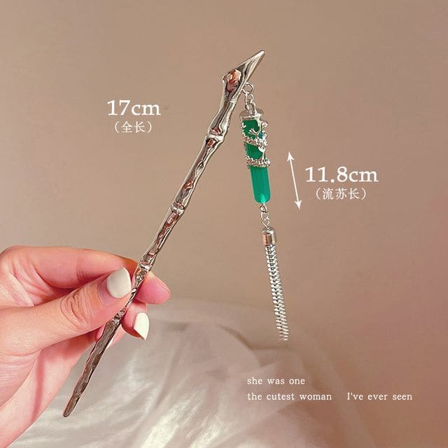 Floral Acrylic Alloy Hair Stick - Green Tassel - Light Gold