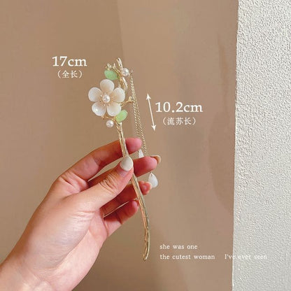 Floral Acrylic Alloy Hair Stick - White Orchid - Light Gold