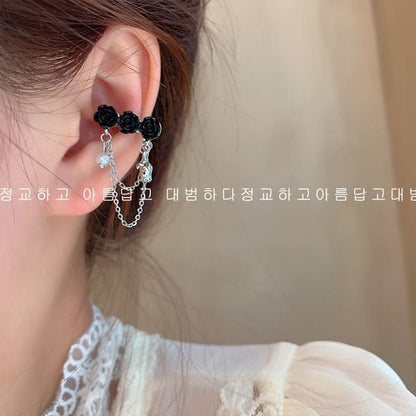 Floral Alloy Ear Cuff - 1 Pair - 3 Black Small Roses