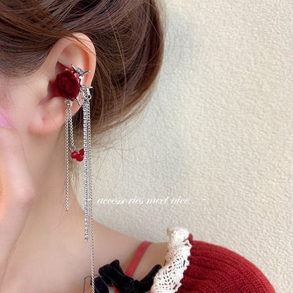 Floral Alloy Ear Cuff - 1 Pair - 1 Wine Red Large Rose