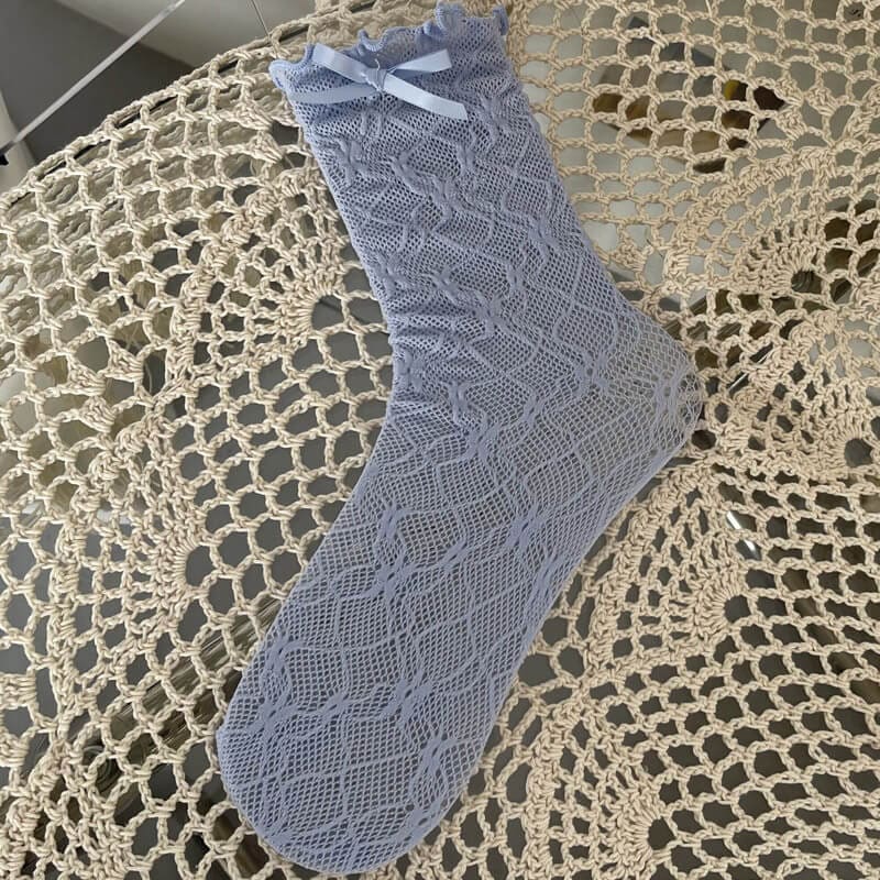 Floral Bow Lace Socks - Blue - socks