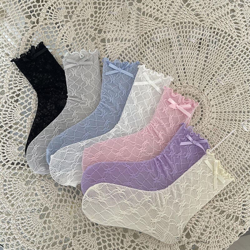 Floral Bow Lace Socks - Grey - socks