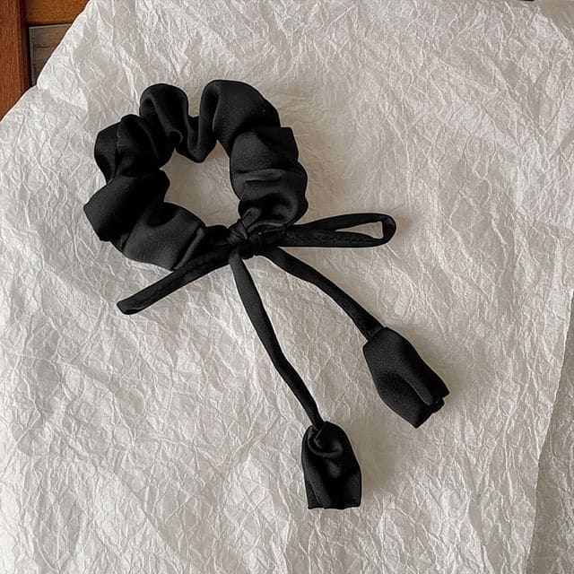 Floral Bow Satin Scrunchie - Black / One Size