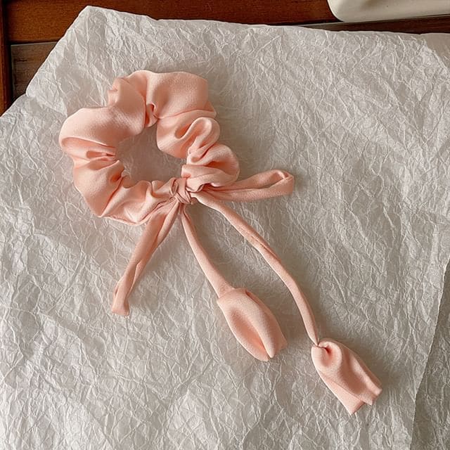 Floral Bow Satin Scrunchie - Pink / One Size