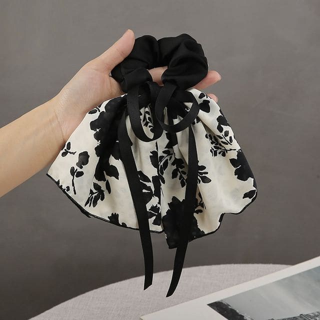 Floral Bow Scrunchie - 02 - 1pc - Black Floral - White