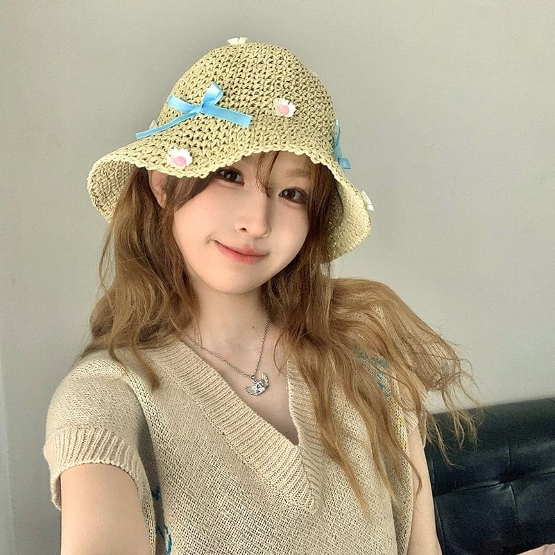 Floral Bow Straw Bucket Hat