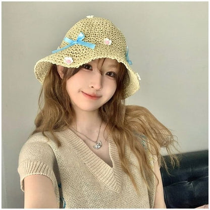 Floral Bow Straw Bucket Hat