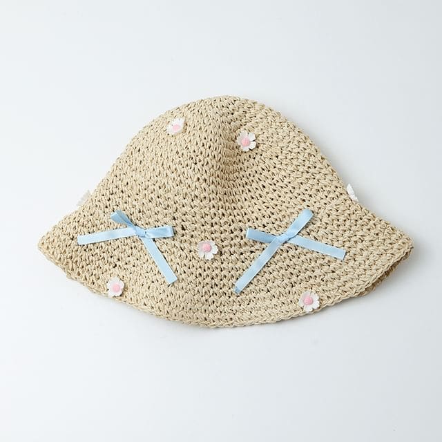 Floral Bow Straw Bucket Hat - Beige / One Size