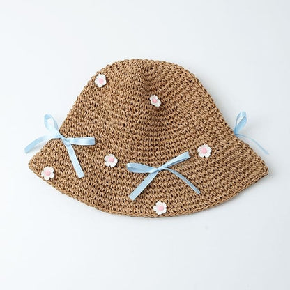 Floral Bow Straw Bucket Hat - Coffee / One Size