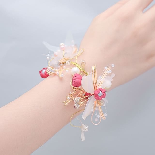 Floral Butterfly Faux Pearl Wrist Corsage - Pink Flower