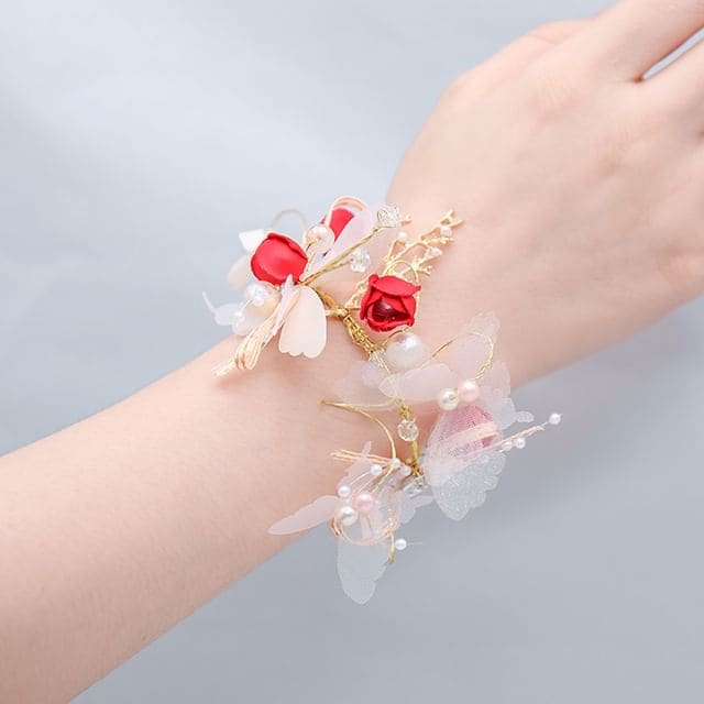 Floral Butterfly Faux Pearl Wrist Corsage - Red Flower