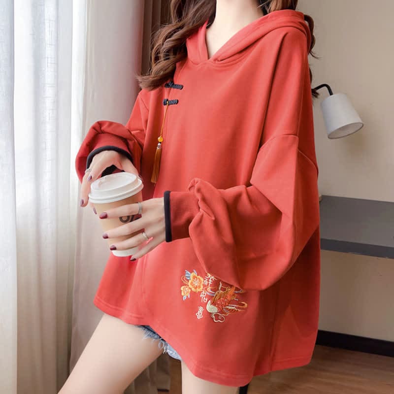 Floral Carp Embroidery Buckle Tassel Loose Hoodie