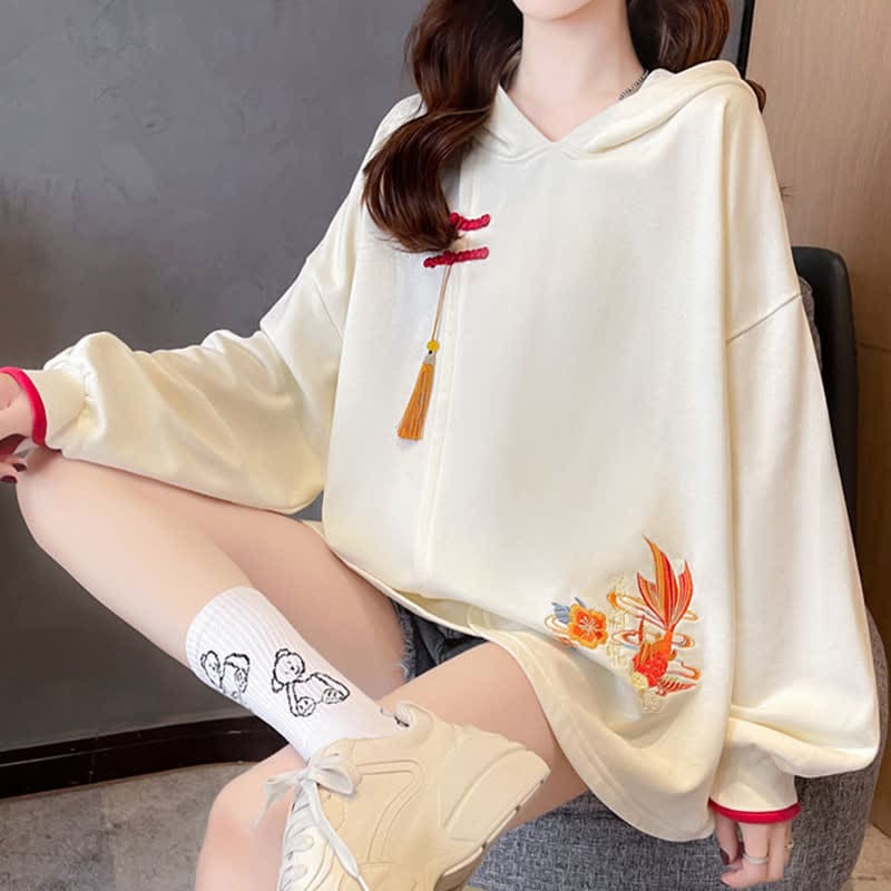 Floral Carp Embroidery Buckle Tassel Loose Hoodie - Apricot