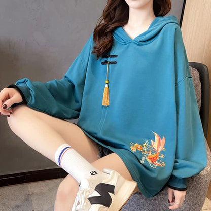 Floral Carp Embroidery Buckle Tassel Loose Hoodie - Blue / M