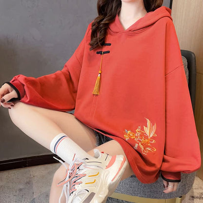 Floral Carp Embroidery Buckle Tassel Loose Hoodie - Red / M