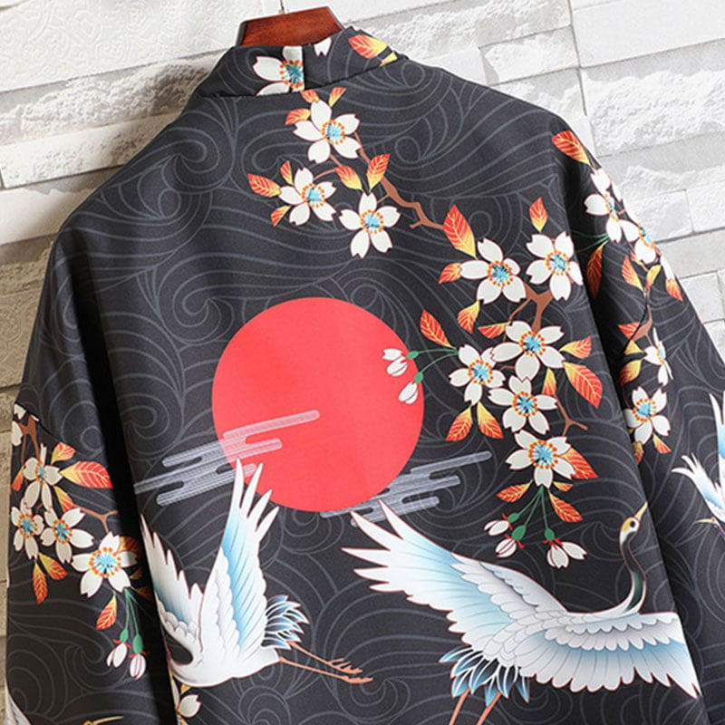 Floral Crane Sun Cardigan Kimono Outerwear Shorts Set