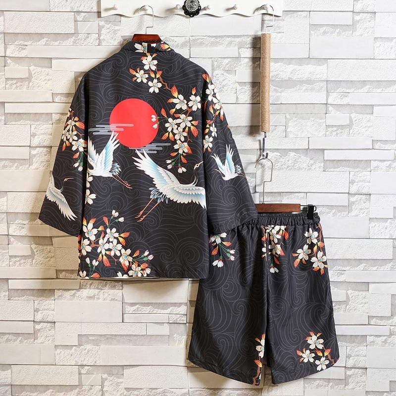 Floral Crane Sun Cardigan Kimono Outerwear Shorts Set - Set