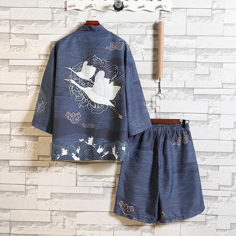 Floral Crane Sun Cardigan Kimono Outerwear Shorts Set - Set