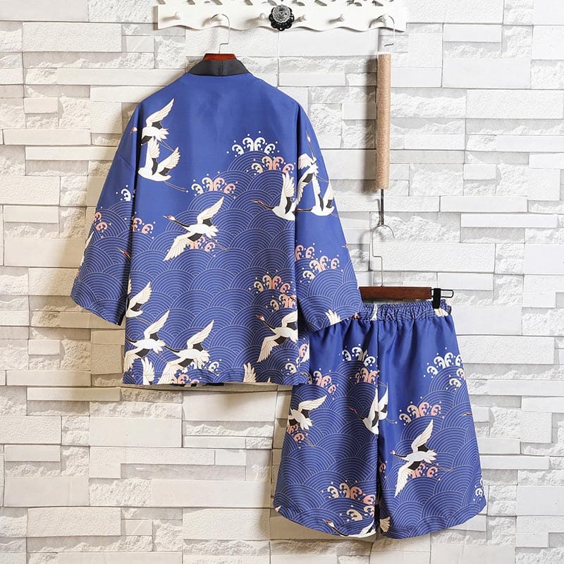 Floral Crane Sun Cardigan Kimono Outerwear Shorts Set - Set