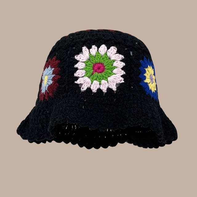 Floral Crochet Cloche Hat - Black / One Size