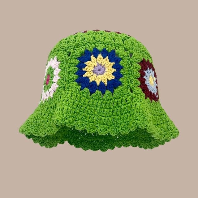 Floral Crochet Cloche Hat - Green / One Size