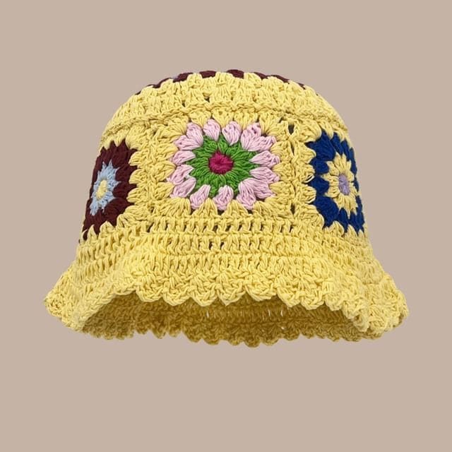 Floral Crochet Cloche Hat - Yellow / One Size