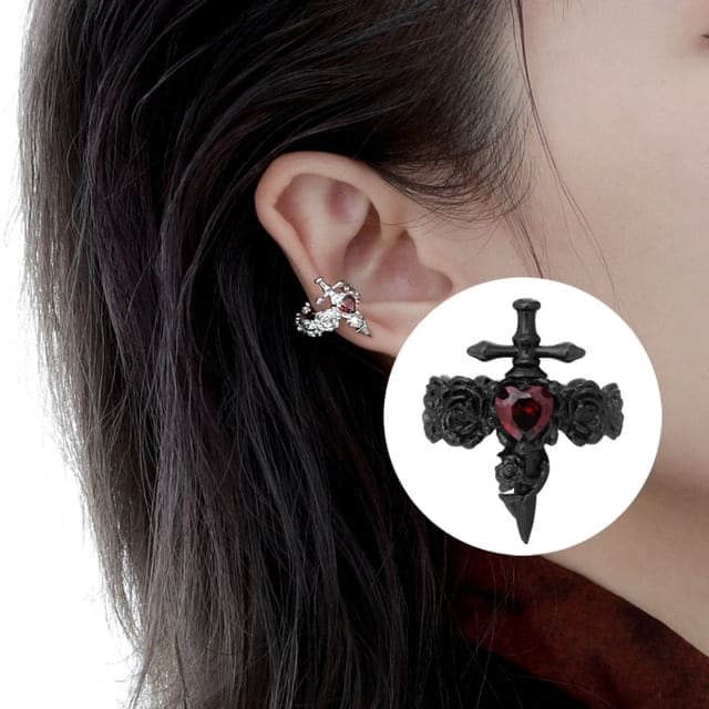 Floral Cross Rhinestone Ear Cuff - EH2573 - 1 Pair - Silver