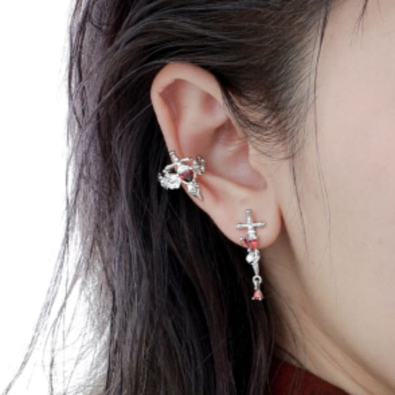 Floral Cross Rhinestone Ear Cuff - EH2573 - 1 Pair - Silver