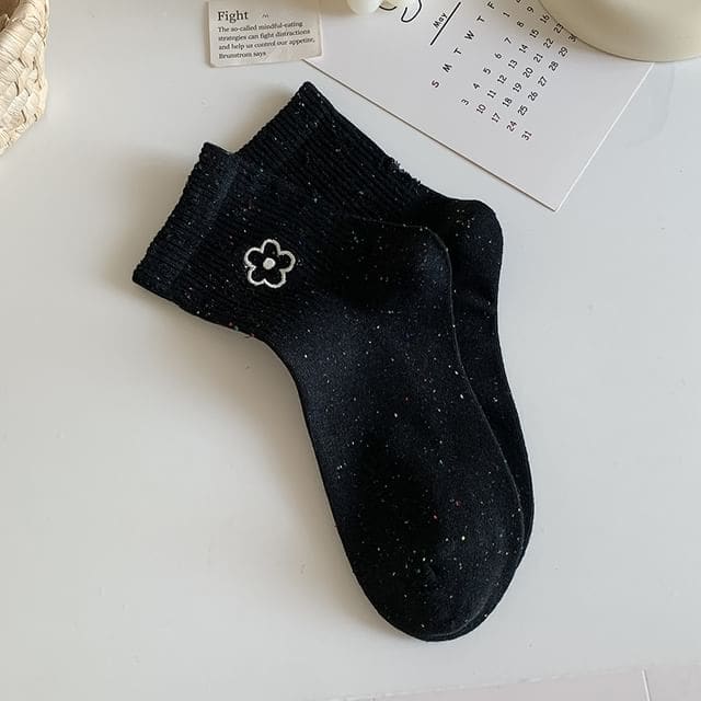 Floral Embroidered Distressed Socks - Black / One Size