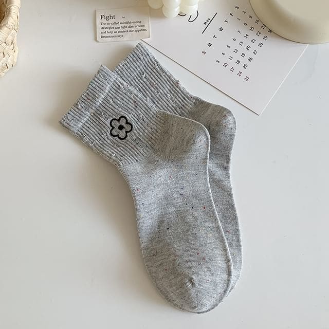 Floral Embroidered Distressed Socks - Gray / One Size