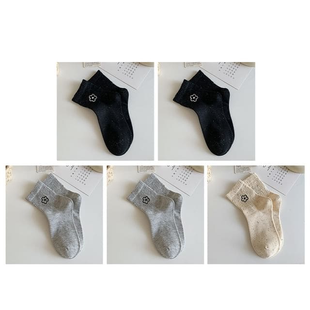 Floral Embroidered Melange Short Socks Set - Set of 5 Pairs