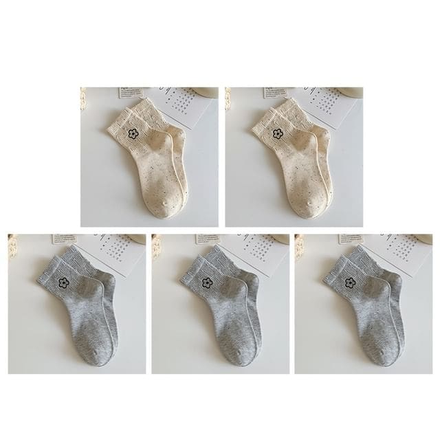 Floral Embroidered Melange Short Socks Set - Set of 5 Pairs