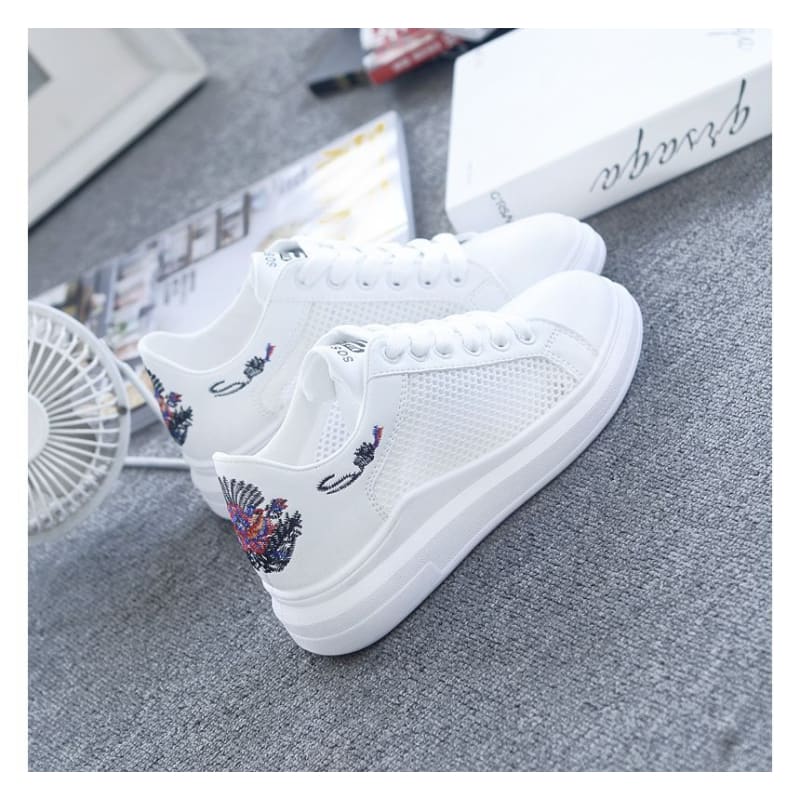 Floral Embroidered Mesh Panel Platform Sneakers