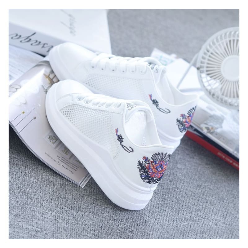 Floral Embroidered Mesh Panel Platform Sneakers