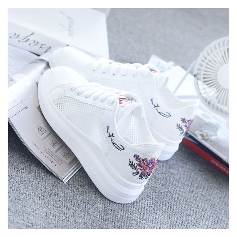 Floral Embroidered Mesh Panel Platform Sneakers