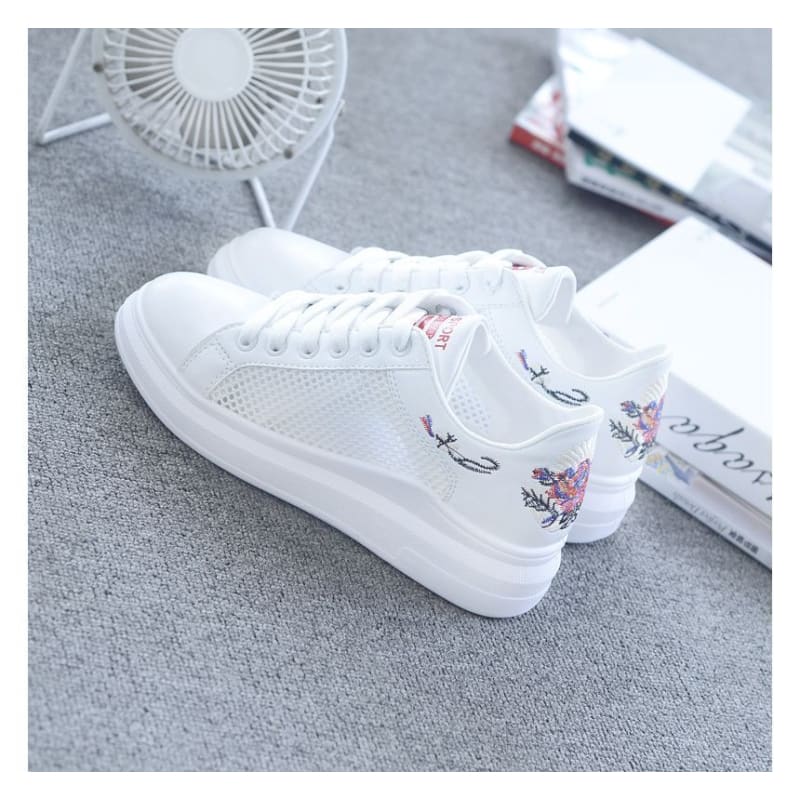 Floral Embroidered Mesh Panel Platform Sneakers