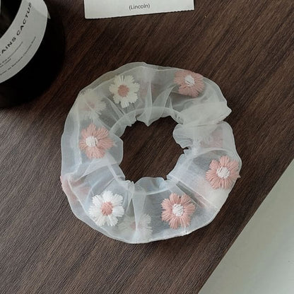 Floral Embroidered Mesh Scrunchie - Pink / One Size