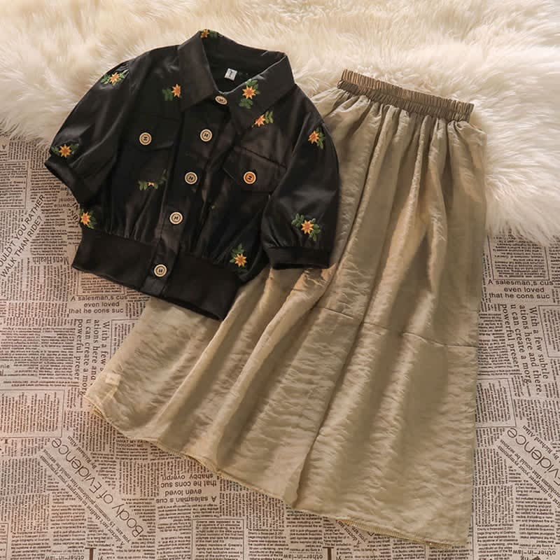 Floral Embroidery Lapel Pocket T-Shirt Long Skirt