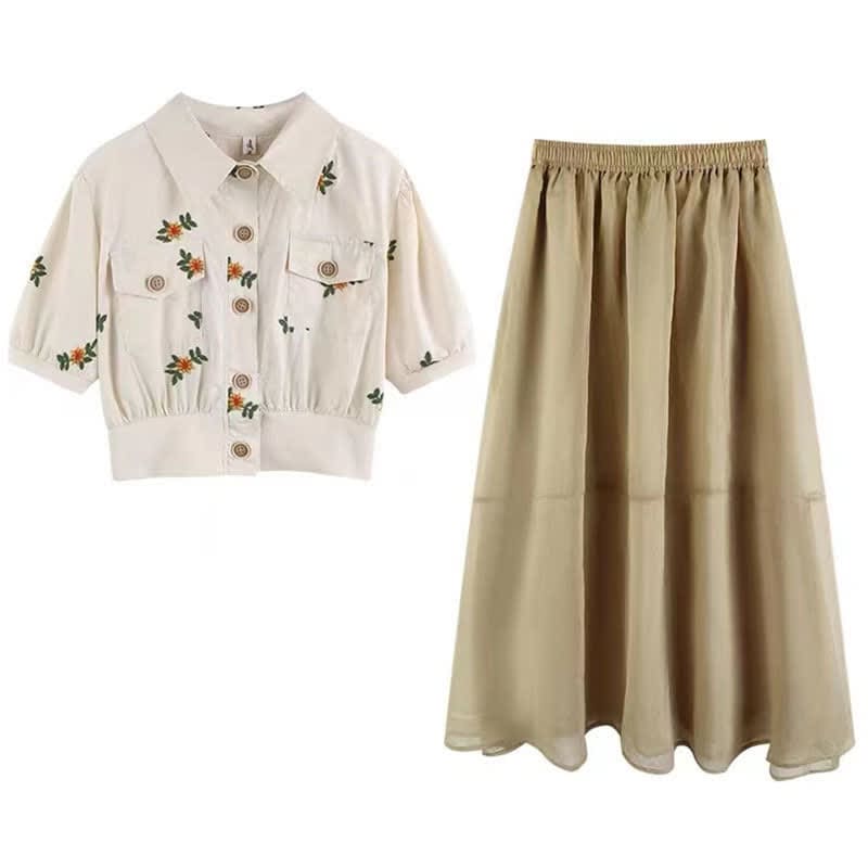 Floral Embroidery Lapel Pocket T-Shirt Long Skirt