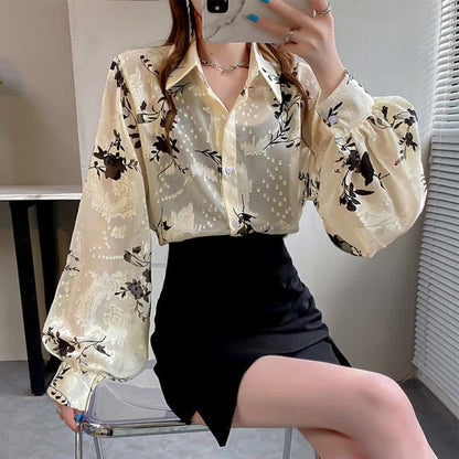 Floral Embroidery Puff Sleeve Chiffon Shirt