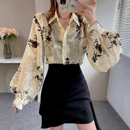 Floral Embroidery Puff Sleeve Chiffon Shirt