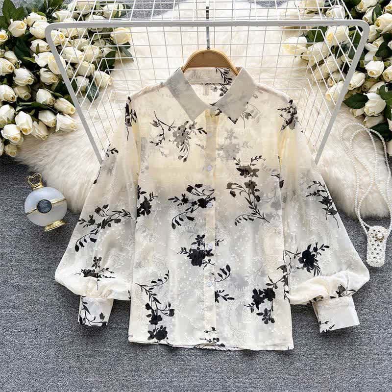 Floral Embroidery Puff Sleeve Chiffon Shirt - Apricot