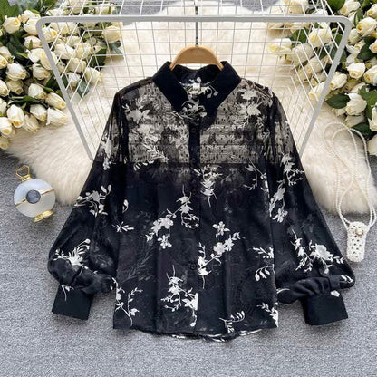 Floral Embroidery Puff Sleeve Chiffon Shirt - Black