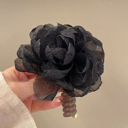 Floral Fabric Coil Hair Tie - Black / One Size