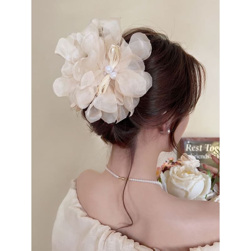 Floral Fabric Faux Pearl Hair Clamp