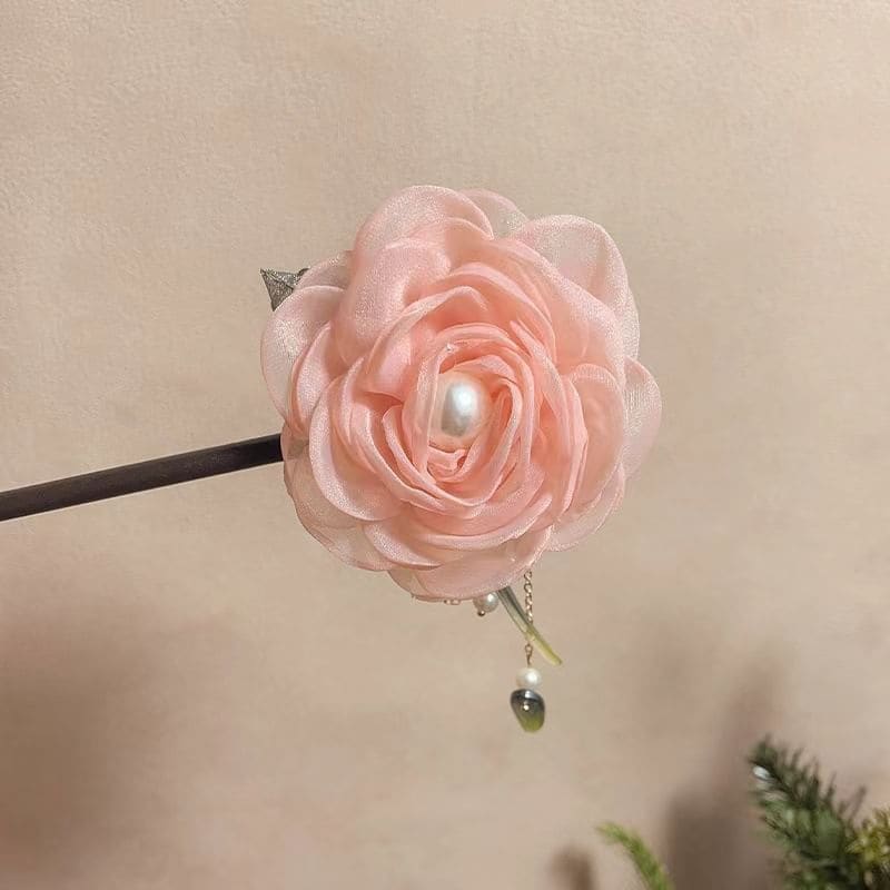 Floral Fabric Faux Pearl Wooden Hair Stick