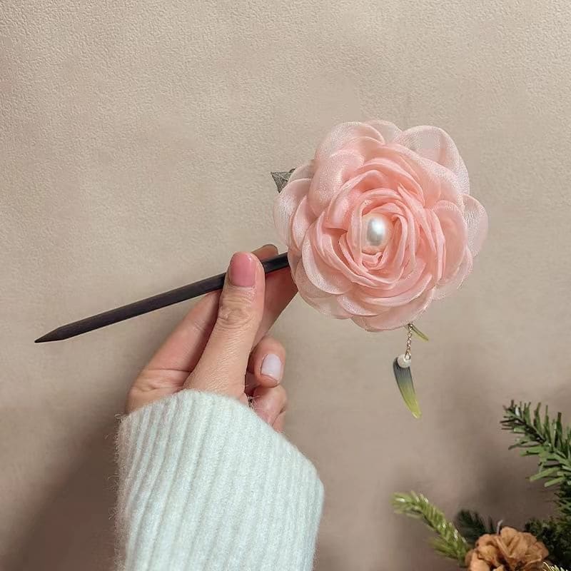 Floral Fabric Faux Pearl Wooden Hair Stick