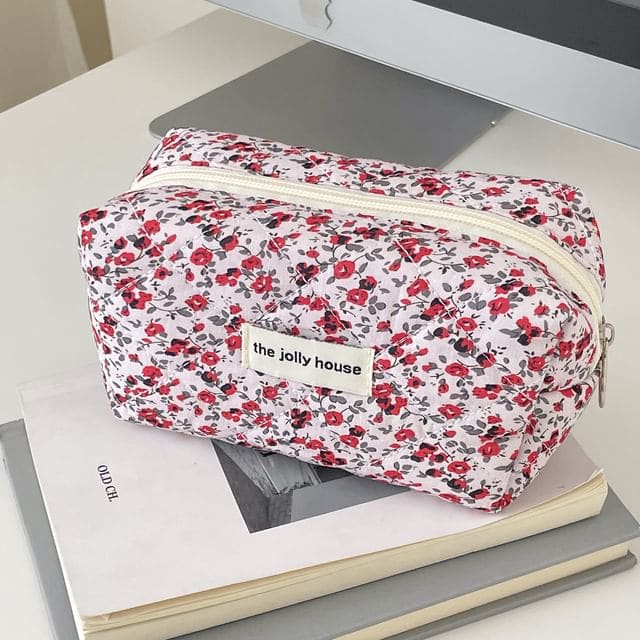 Floral Fabric Makeup Bag / Pencil Case - Dark Red Floral